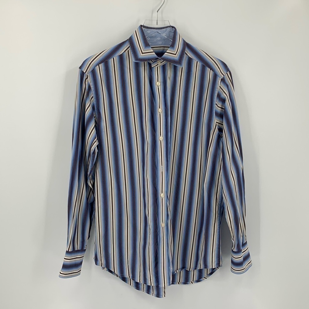 Robert Graham blue brown stripe men shirt button cotton flip cuff Medium M